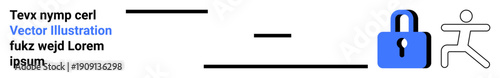 Cybersecurity, data protection, privacy assurance, safe access, encryption, user security. A blue lock icon next to a human figure and lines. Cybersecurity and data protection concept