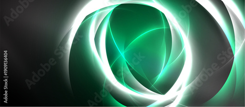 Abstract design features glowing circles, green hues, dark background. Smooth curves create dynamic visual effect. Modern, energetic composition.