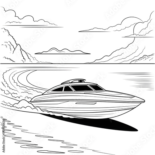 speed boat illustration vector style coloring page 