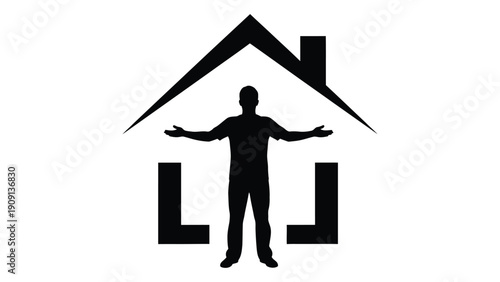 Silhouette of a person standing under a house-shaped canopy isolated on white background, Vector