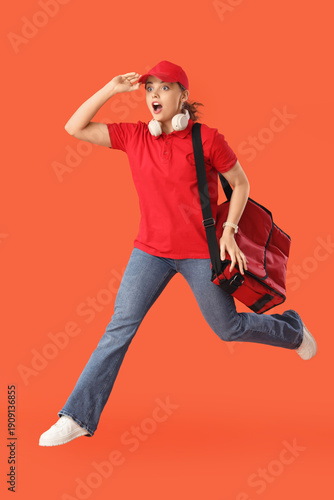 Shocked female courier with...
