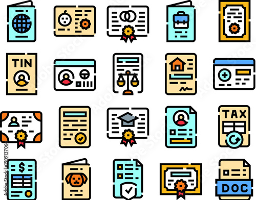 Collection of outline icons representing various official documents, legal papers, identification, education certificates, and financial forms on a white background