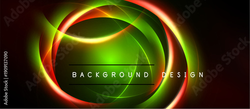 Abstract design features vibrant circular layers. Green, red, orange hues blend against black backdrop. Text reads background design.