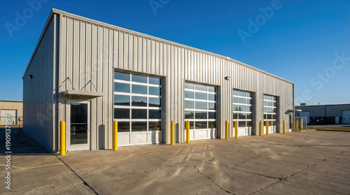 Modern warehouse exterior features multiple large glass overhead doors, small entry door. Yellow bollards stand guard on concrete lot under clear blue sky. Metal siding reflects sunlight