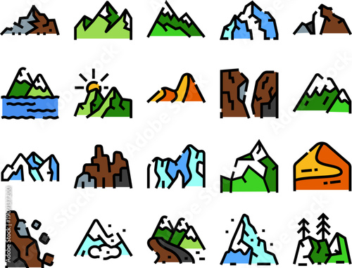 Mountain range icon set showing various terrains, peaks, hills, volcanoes, canyons, and landscapes, representing diverse geological features and outdoor travel destinations