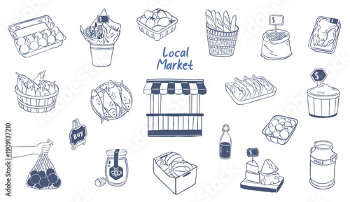 Set of hand drawn vector local market icons doodle collection set