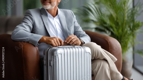 Wallpaper Mural A grey-suited elder sits back in a cozy airport lounge, holding his silver suitcase. He exudes calm confidence while preparing for his upcoming journey, surrounded by greenery Torontodigital.ca