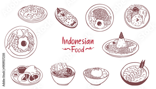 Indonesian food cuisine vector hand drawn sketch doodle illustration collection set