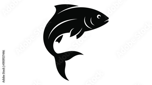 A sleek and stylized black and white illustration of a fish leaping out of the water isolated on white background, Vector