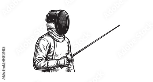 Half-body portrait of a fencer in protective mask and gear holding a foil in a classic sports engraving style.