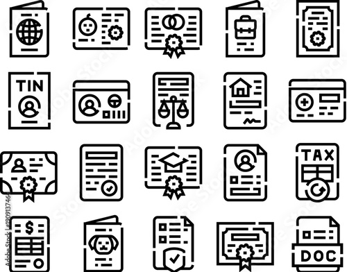 Collection of outline icons representing different types of official papers, certificates, licenses, and personal identification documents essential for legal, financial, and administrative purposes