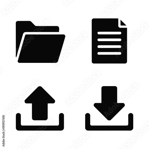 Digital file management icons including folder document upload and download symbols