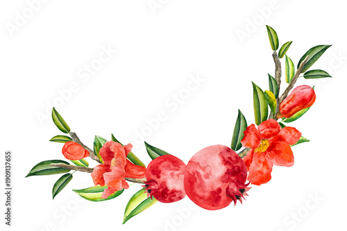 Watercolor frame with pomegranate and blooming pomegranate flowers. Pomegranate leaves and flowers. Hand-drawn watercolor illustration of a realistic, juicy, pomegranate-red fruit