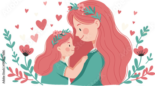 A pink cartoon illustration of a romantic couple and their child celebrating Valentine’s Day with a girl holding a flower while a mother and bride-to-be share a heart-filled family moment