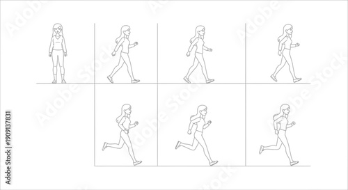 Animation sequence of a woman walking and running, line art, motion study