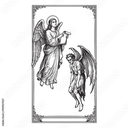 Divine angel holding a scroll and a fallen demon angel descending in a classic religious woodcut engraving style.