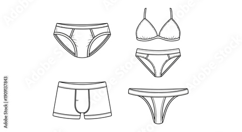 Assortment of Underwear Styles: Bra, Bikini, Briefs, Boxer Briefs, Thong - Line Art