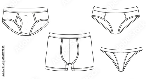 Assortment of Underwear Styles: Briefs, Boxer Briefs, and Thong - Line Art