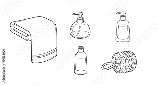 Bathroom Essentials: Folded Towel, Soap Dispensers, Lotion Bottle, and Loofah - Clean Line Art
