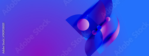 Abstract composition. Gradient background transitions from purple to blue. Spheres, petals, flowing shapes create dynamic visual effect.