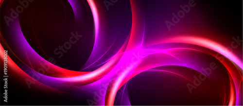 Abstract swirls, vibrant pinks, reds dominate dark background. Smooth curves create dynamic energy, modern aesthetic.