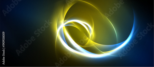 Abstract swirls, luminous yellow, white, blue hues. Dark background creates dramatic contrast, flowing energy visible.