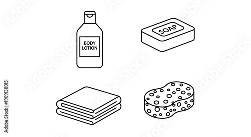 Bathroom Essentials Icons: Body Lotion, Soap, Towel, and Sponge - Cleanliness and Hygiene Concept