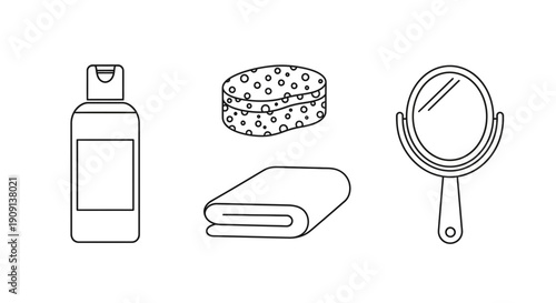 Bathroom Essentials Icons: Lotion, Sponge, Towel, Mirror - Clean Line Art