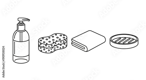Bathroom Essentials Line Art: Soap Dispenser, Sponge, Towel, Soap Dish