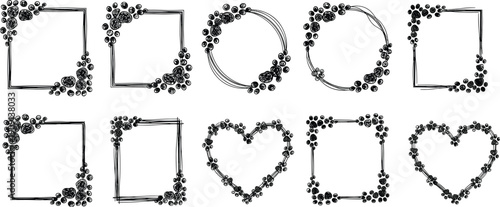 Collection of hand drawn sketchy frames and heart borders with cute pet paw prints cad drawing flat vector illustration.