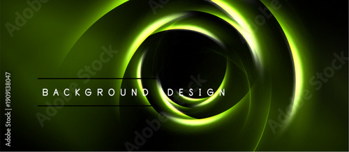 Abstract design features glowing green circular layers. Dark background emphasizes radiant concentric shapes, text reads background design.