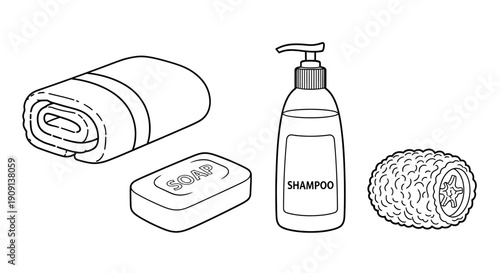 Bathroom Essentials: Rolled Towel, Soap Bar, Shampoo Bottle, and Loofah - Cleanliness Concept