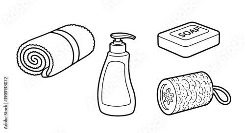 Bathroom Essentials: Rolled Towel, Soap Dispenser, Bar Soap, and Loofah - Cleanliness Concept