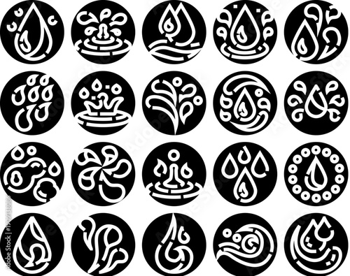 Water drops and liquid symbols creating a collection of abstract graphic elements representing nature, purity, ecology, hydration, and various fluid states