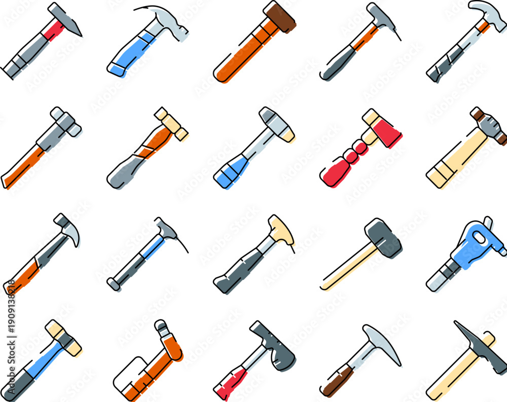 Fototapeta premium Hammers and mallets vector icon collection showing different types of hand tools used for construction, carpentry, demolition, and various industrial applications, ideal for design work