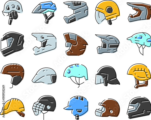 Collection of outline style illustrations showing different types of helmets used in various sports and industries for head protection and worker safety