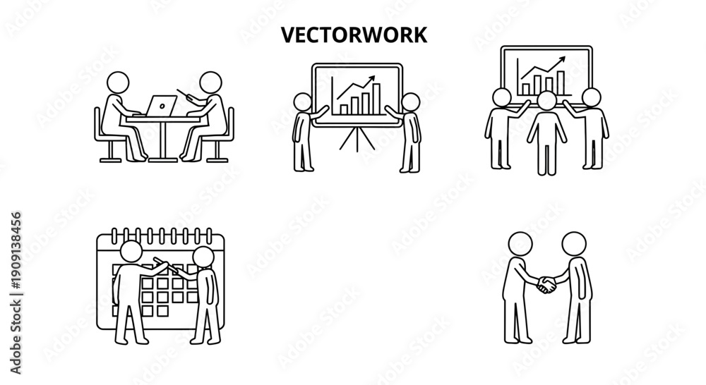 Obraz premium Business meeting, presentation, calendar, handshake, teamwork, vector icons