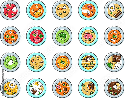 Twenty bowl icons showing soups from around the world with diverse ingredients and styles ramen, miso, seafood, cream, vegan and more, flat cartoon top view set for menus
