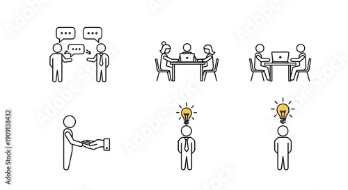 Business meeting, brainstorming, idea generation, teamwork, collaboration, presentation icons