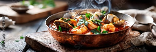 Panel kuchenny z motywem Rustic Home-style Portuguese Cataplana de Marisco in a copper Bowl with Fresh Herbs