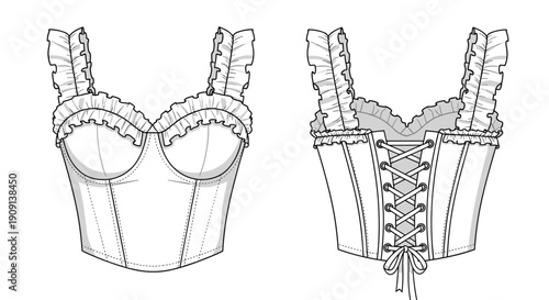 Technical Drawing of a Ruffled Corset: Fashion Illustration for Pattern Making, Lingerie Design, and Historical Costume Creation, Perfect for Designers and Costumiers