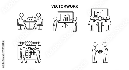Business meeting, presentation, calendar, handshake, teamwork, vector icons
