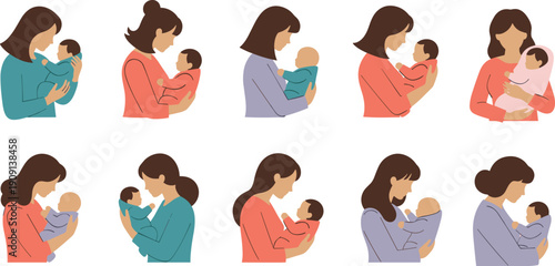 Collection of flat vector illustrations of mothers holding and cuddling their newborn babies cad drawing flat vector illustration.