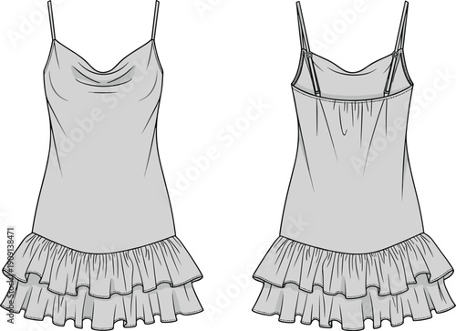 Fashionable Cami Dress Technical Drawing: A Stylish Summer Slip Dress Design Template for Apparel Manufacturing and Garment Pattern Development
