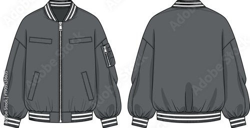 Fashionable Charcoal Gray Bomber Jacket Illustration: Front and Back Views for Apparel Design and Style Guides, Ideal for Fashion Designers and Clothing Manufacturing