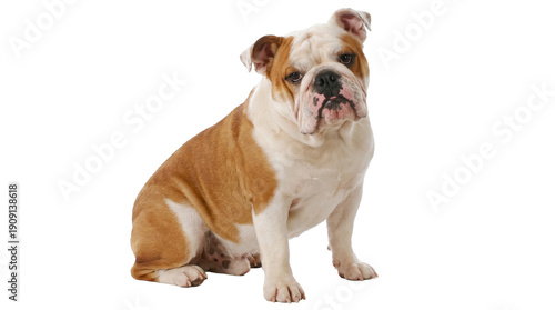Fotografie isolated english bulldog sitting calmly on a transparent background, featuring a wrinkled face and ponderous expression, ready for creative design