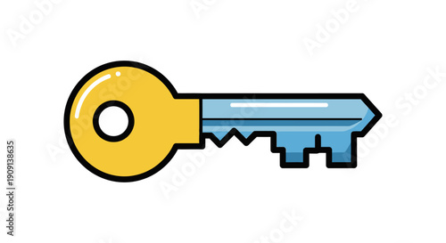 A cartoon key with a yellow head and blue teeth is shown from a front view on a plain white background