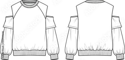 Fashionable Cold Shoulder Raglan Sweatshirt Technical Drawing for Designers, Illustrators: Front and Back Views of a Modern Blouse for Apparel Design and Manufacturing