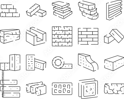 Bricks, blocks, and other construction materials represented as a comprehensive set of outline vector icons, illustrating various forms and applications for architectural and building projects
