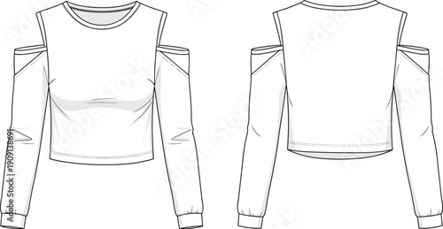 Fashionable Cutout Shoulder Top Technical Drawing: Modern Apparel Design for Fashion Design, Tech Packs, and Garment Industry Trend Forecasting and Clothing Manufacturing